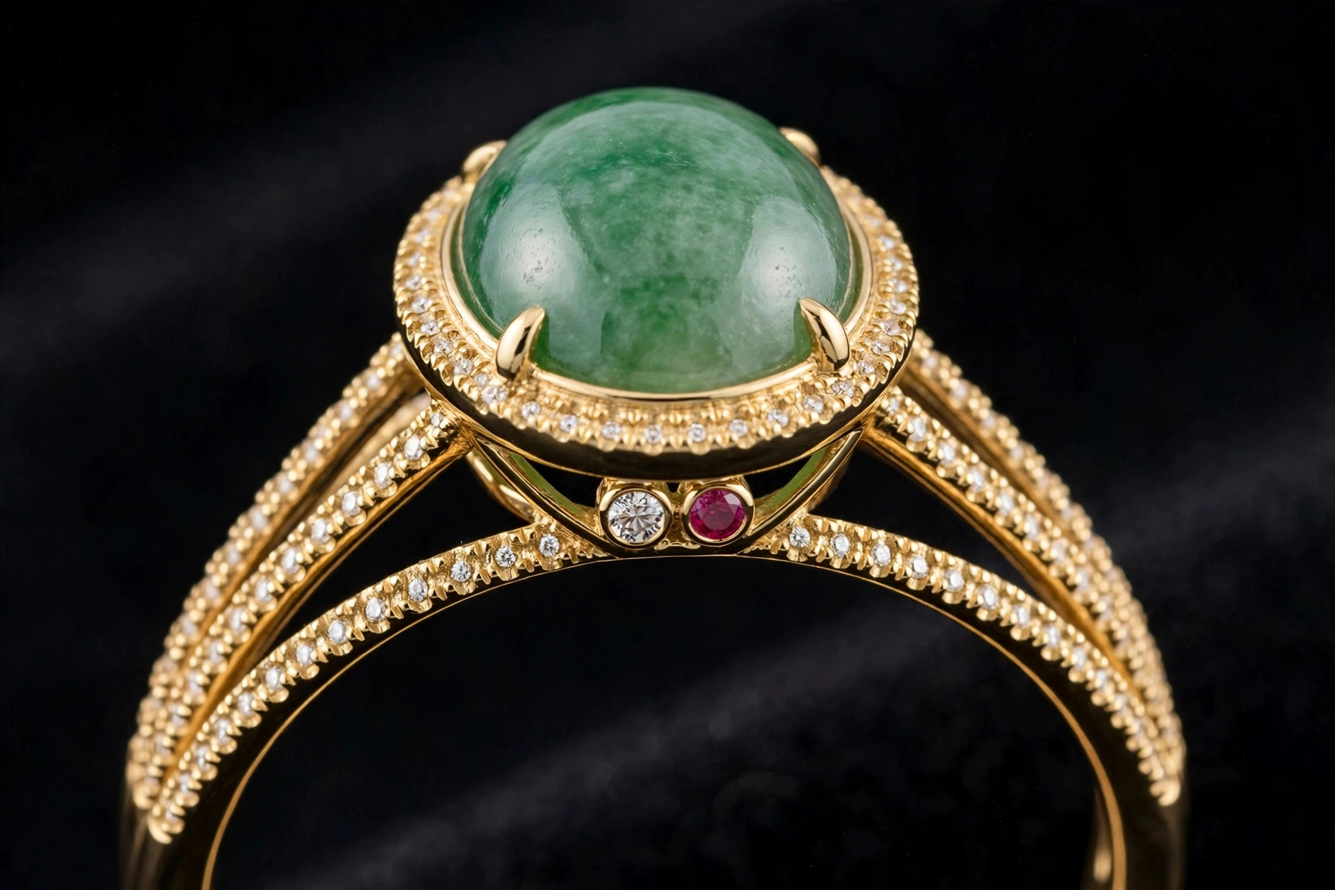Finished Jade Petite Pavé engagement ring in yellow gold with an oval green jadeite cabochon