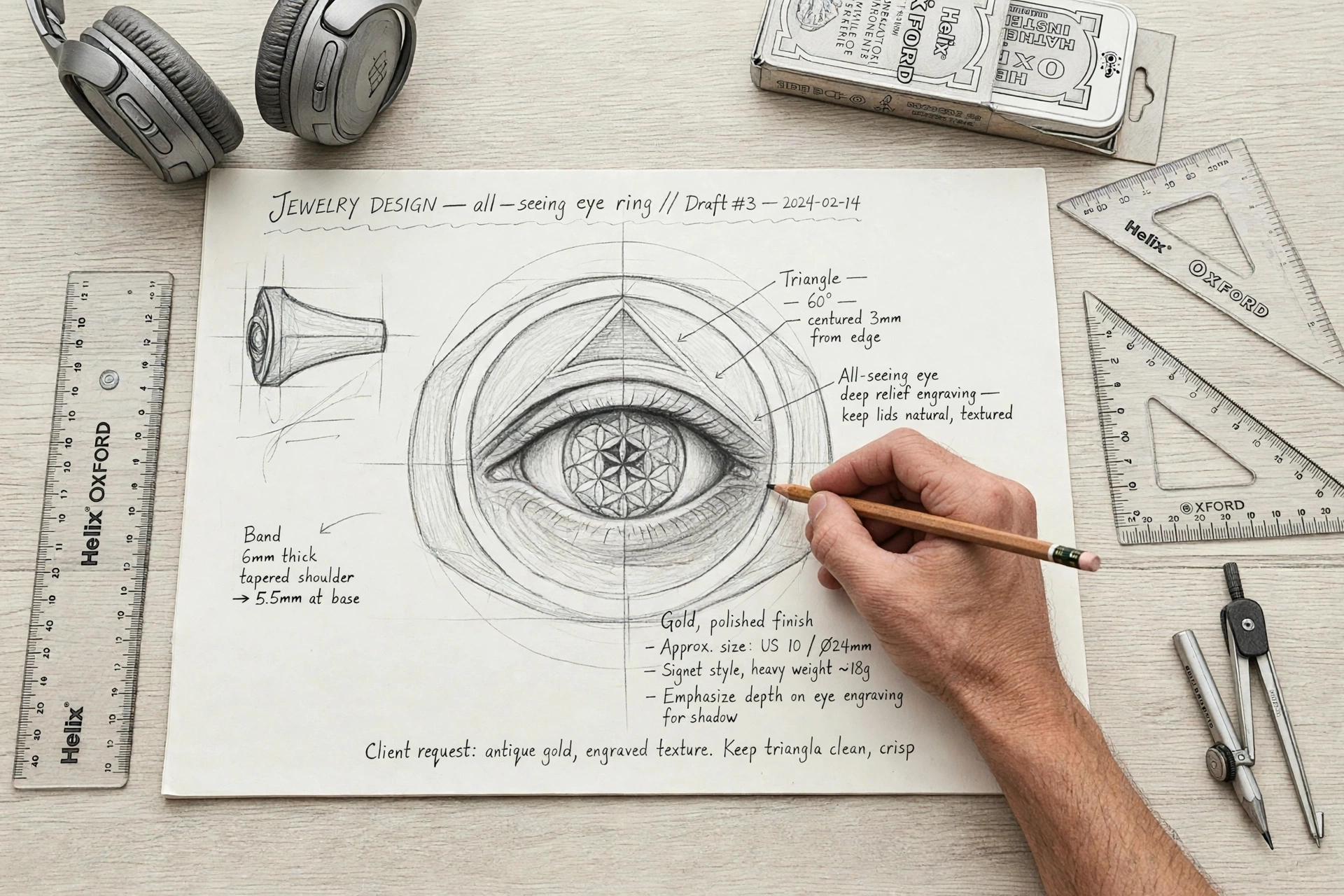 Separate technical pencil sketch of the Eye Signet Ring