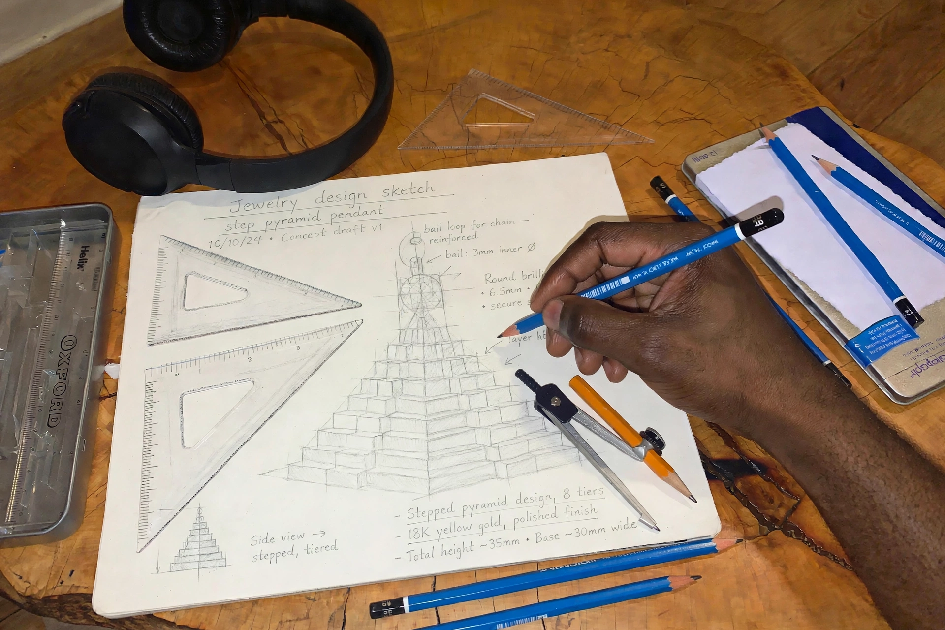 Separate technical pencil sketch of the Ascension Pendant with the original Helix Oxford tools