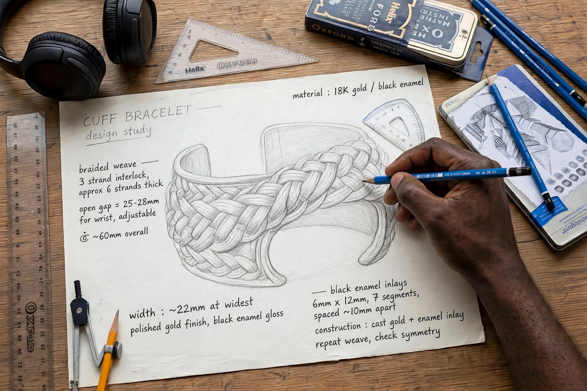 Separate technical pencil sketch of the Mongkol Cuff